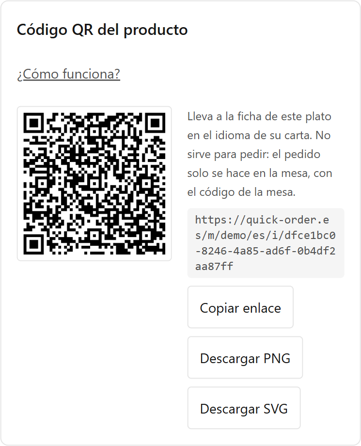 Apartado «Código QR del producto» debajo de la ficha de un plato, con el código, el enlace y los tres botones.