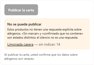 Bloque de publicación con el botón «Publicar la carta» desactivado y el aviso «No se puede publicar», con el producto que tiene alérgenos sin indicar.