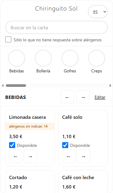 Pantalla «Carta»: banda de categorías arriba —Bebidas, Bollería, Gofres, Creps— y debajo los productos de la categoría abierta con su precio y la casilla «Disponible».