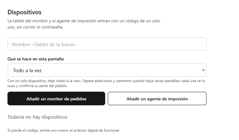 Pantalla «Dispositivos» con los botones para añadir un monitor de pedidos o un agente de impresión.