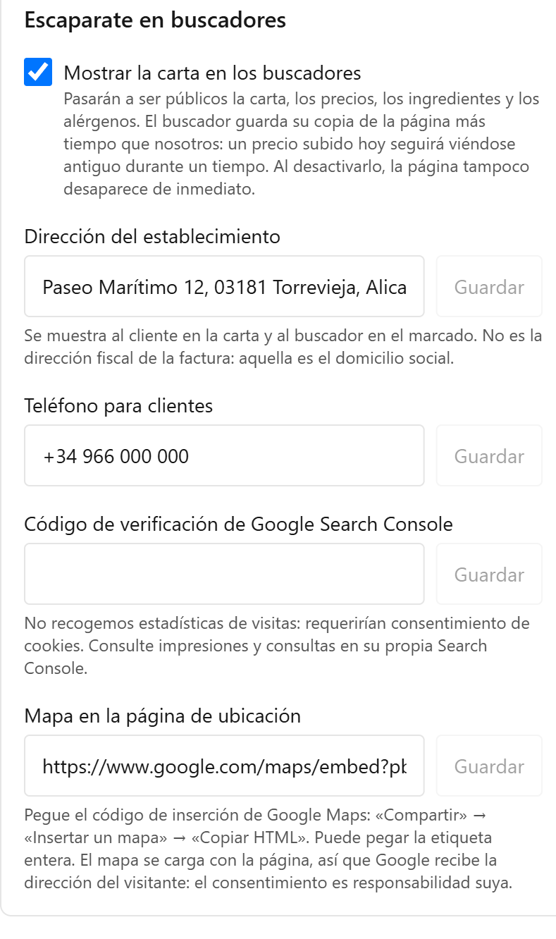 Apartado «Escaparate en buscadores» en Perfil: el interruptor «Mostrar la carta en los buscadores» activado y los campos de dirección, teléfono, código de Search Console y mapa.