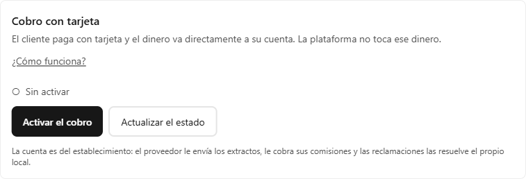 Apartado «Cobro con tarjeta» con el estado «Sin activar» y el botón «Activar el cobro».
