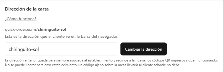 Apartado «Dirección de la carta» en Perfil, con la dirección actual y el botón «Cambiar la dirección».