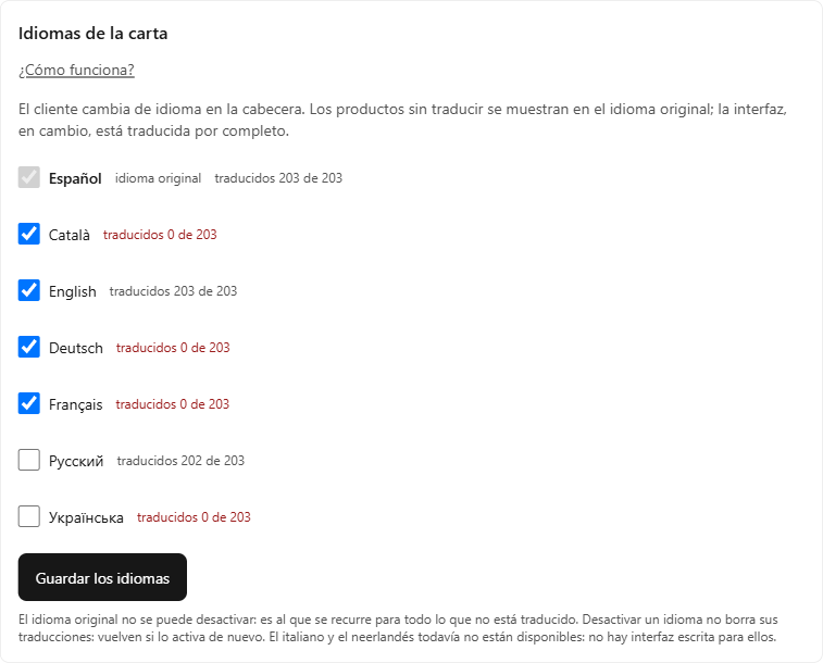 Apartado «Idiomas de la carta» con las casillas de cada idioma y, junto a cada uno, cuántos productos están traducidos.