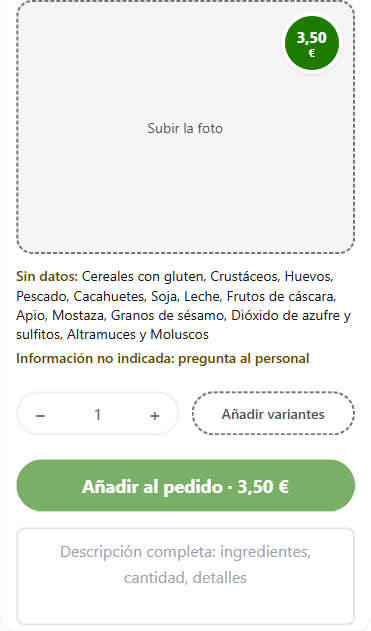Bloque de alérgenos en la ficha de un producto: catorce filas con los botones «sí», «no» y «?», y arriba el aviso de cuántos siguen sin datos.