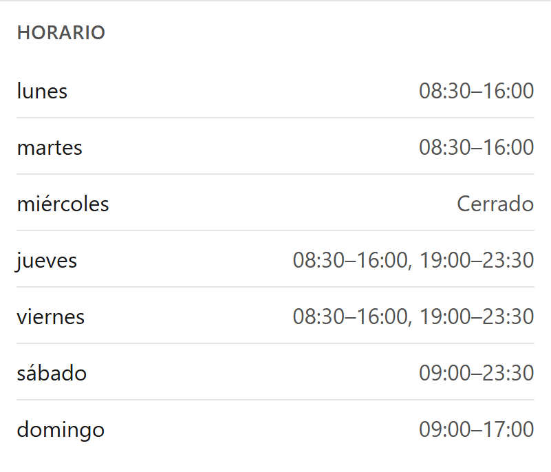 Lista del horario semanal en la página del cliente: lunes y martes de 08:30 a 16:00, miércoles «Cerrado», jueves y viernes con dos turnos, sábado y domingo con horario propio.