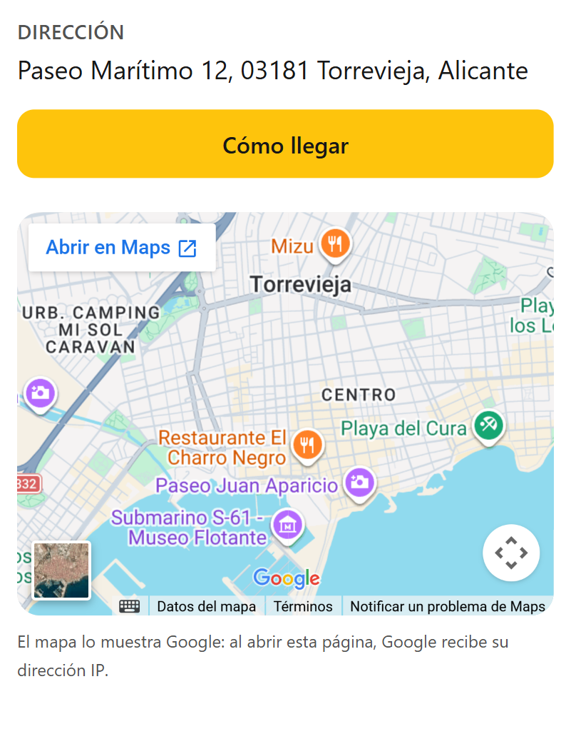 La página «Cómo llegar y horario» en el móvil: el rótulo «Dirección» con la calle, el botón verde «Cómo llegar» y debajo el mapa de Google con el aviso de que Google recibe la dirección IP.