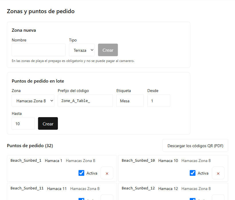 Pantalla «Zonas y puntos»: zonas con su tipo —sala, terraza, playa—, creación de puntos en lote y descarga de los códigos QR en PDF.