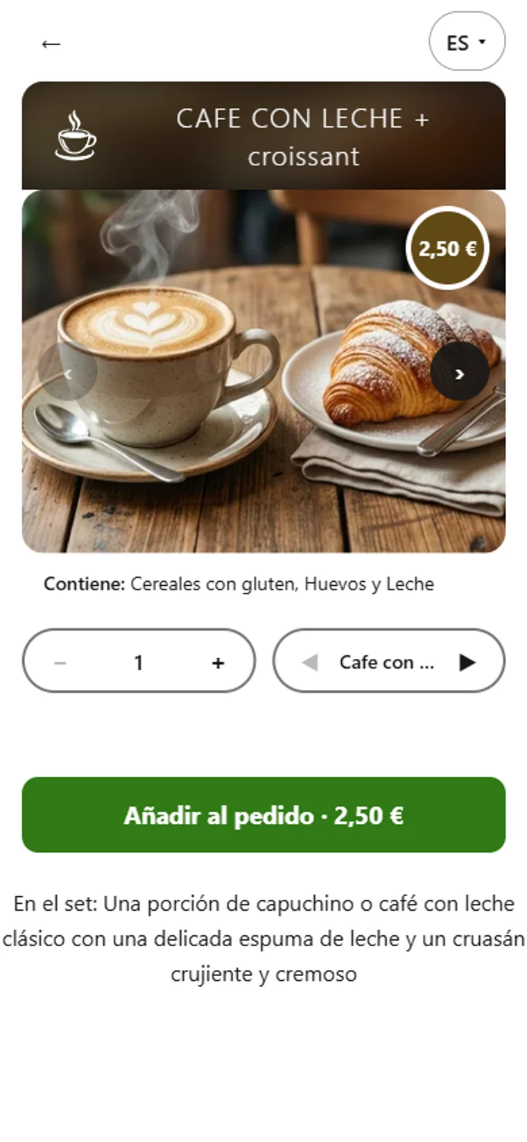 Ficha de un café con leche y cruasán: foto, precio y alérgenos en palabras